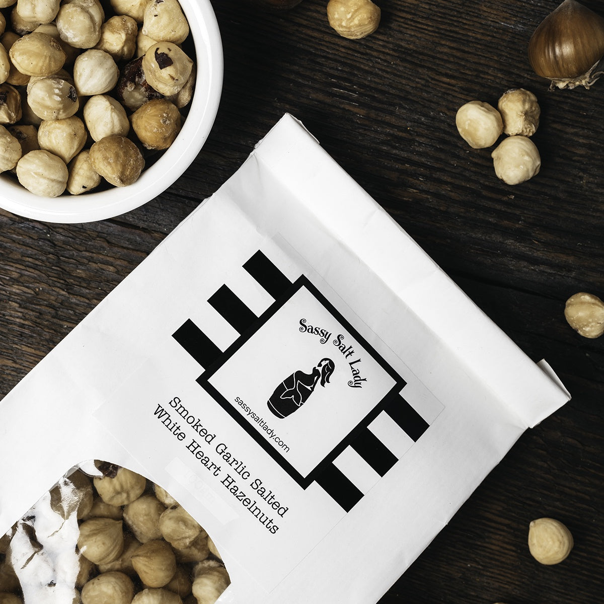 Smoked Garlic Salted Hazelnuts - snack from Sassy Salt Lady - Gets yours for $9.50! Shop now at The Riverside Pantry