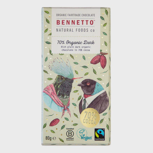 70% Organic Dark 80g - snack from Bennetto - Gets yours for $7! Shop now at The Riverside Pantry
