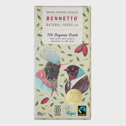 70% Organic Dark 80g - snack from Bennetto - Gets yours for $7! Shop now at The Riverside Pantry